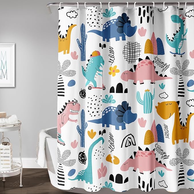 AILONEN Dinosaur Shower Curtain for Kids Boys,Cartoon Dinosaur Bath Curtain 72" W*78" H,Cactus Rainbow Dinosaur Waterproof Shower Curtain with 12 Plastic Hooks