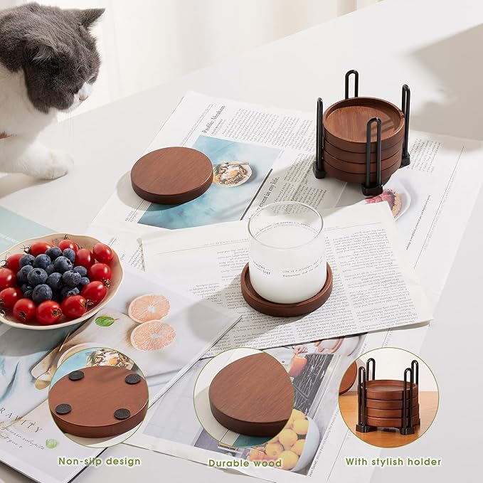 Set of 6 Wooden Coasters With Holder - Coffee Table Coasters for Drinks, Modern Home Decor, Dining Table Decorative Set, Cute Beer Bar Rustic Outdoor Wood Coaster