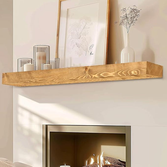 60" Fireplace Mantel, 3'' Thick Handmade Rustic Solid Wood - Wall Long Floating Shelf with Invisible Metal Bracket, Wood Color