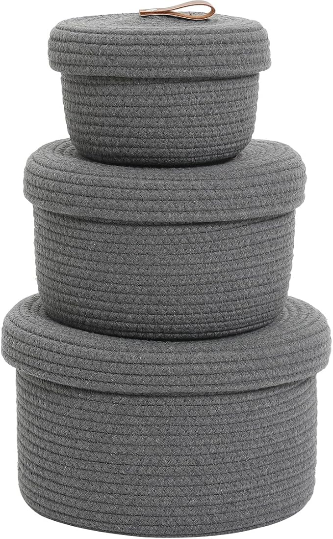 Cottonphant Set of 3 Stylish Round Woven Baskets with Lids - Elegant Storage Solution for Home Decor and Organization - Compact Shelf Baskets (Dark Grey, 10"x6"-8"x5"-6"x4")