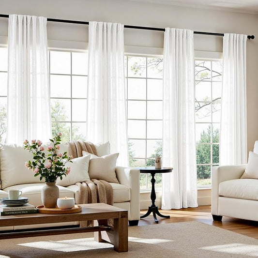 jinchan Linen Curtains 50W x 90L Inch Off White for Living Room Farmhouse Curtains Clip Rings Back Tab Rod Pocket Drapes 4-Panel Set
