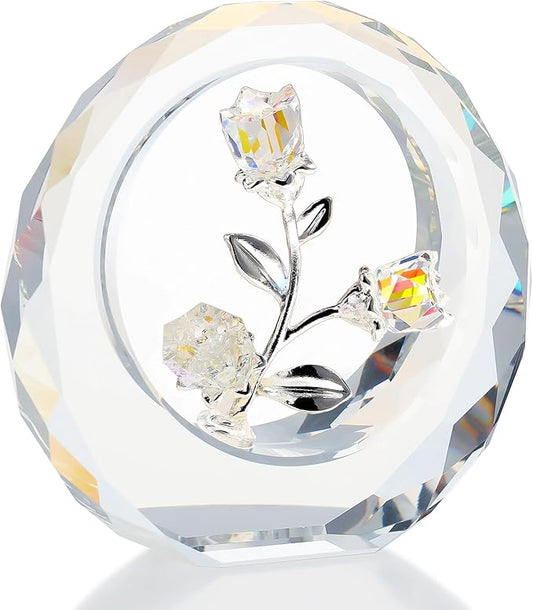 Crystal Clear Rose Bouquet Figurines Glass Flowers with Stems Valentines Anniversary Rose Gifts for Girlfriend Wife, Clear Crystal Rose in Glass Ring Collectible Figurines Forever Roses Decor