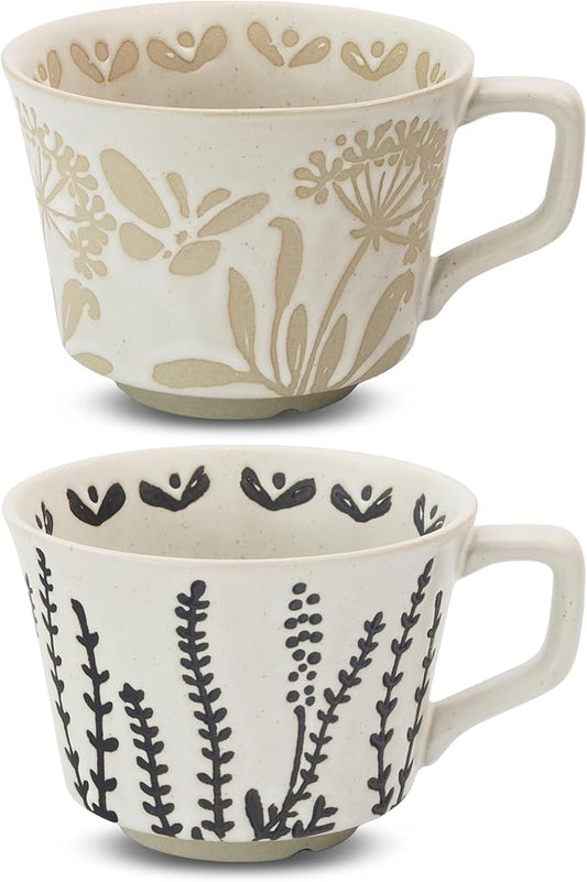 Ceramic Coffee Mug, 12 oz Novelty Unique Teacup with Large Handle, Stoneware Cup for Tea Mocha Latte Cappuccino Espresso (Set of 2, Butterfly and Grass)