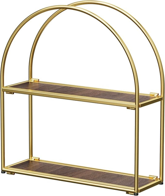 Crofy Gold Arched Frame Wall Shelf, Decorative 2 Tier Bathroom Wall Shelf with Walnut Finish Shelves and Robust Storage Capacity, 6" D x 17.9" W x 19.18" H