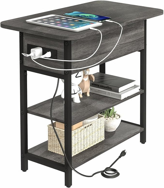 Yoobure End Table with Charging Station, Flip Top Side Table with USB Ports and Outlets, Sofa Couch Table Bedside Table for Living Room Bedroom, Narrow Nightstand with Storage Shelves for Small Space