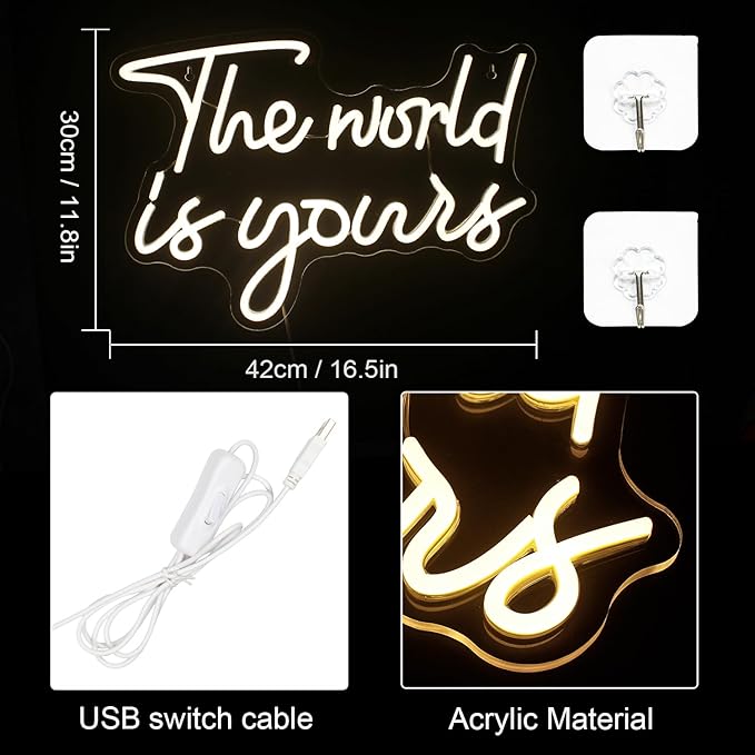 LUCUNSTAR Lucunstar The World Is Yours Neon Signs,Warm White Led Neon Light for Wall Decor,Light Up Sign for Wedding,Engagement,USB Powered Led Neon Signs for Bedroom Decor,Valentines Day Decor