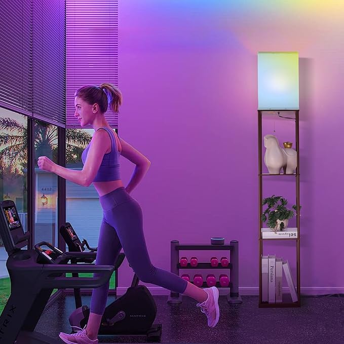 Floor Lamp with Shelves, with Modern Square Standing Lamp with Smart APP Control RGB Bulb, Corner Display Bookshelf Lamp for Living Room, Bedroom and Office(brown-9RGB)