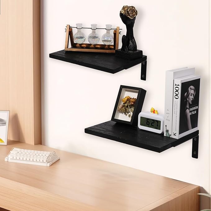Floating Shelves for Wall,12 Inch Deep Floating Shelf with Brackets，Wood Wall Shelves，Wall Mounted Bookshelf for Living Room,Bedroom,Kitchen,Office,Storage and Display Shelf Set (Black)
