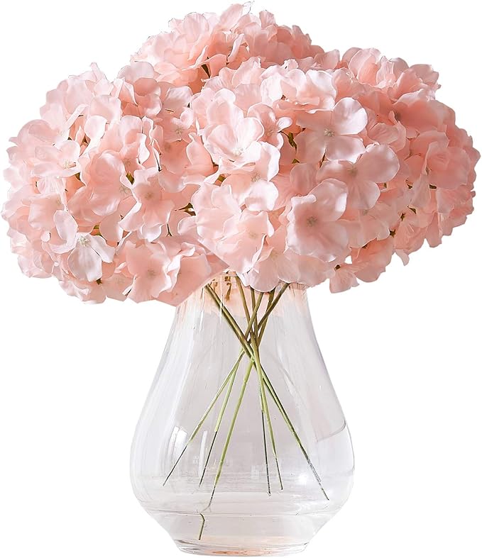 Artificial Hydrangea Flowers Blush Heads 10 Fake Hydrangea Silk Flowers for Wedding Centerpieces Bouquets DIY Floral Decor Home Decoration with Stems(VASE NOT Included)