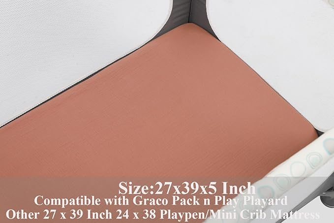 Muslin Pack and Play Sheets Fitted Compatible with Graco Pack n Play Playard Crib and Other 27 x 39 Inch 24 x 38 Playpen/Mini Crib Mattress Soft 100% Cotton Fog & Brown