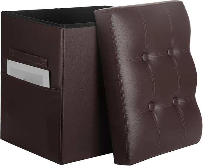 Storage Ottoman, Slim Tall Foot Stool with Thicker Foam Padded Seat. Folding Leather Foot Rest Furniture with Handles & Side Pocket. Ottoman with Storage for Living Room 350 lbs, 17x13x17in, Brown