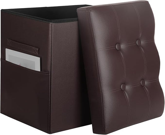 Storage Ottoman, Slim Tall Foot Stool with Thicker Foam Padded Seat. Folding Leather Foot Rest Furniture with Handles & Side Pocket. Ottoman with Storage for Living Room 350 lbs, 17x13x17in, Brown