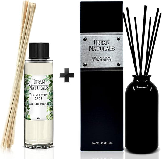 Urban Naturals Eucalyptus SAGE Reed Diffuser Refill, 4 oz, Bundle with Eucalyptus SAGE Reed Diffuser Set - Made with Essential Oils in The USA