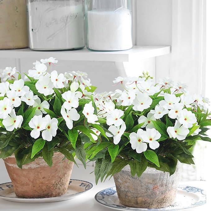 4 Pcs Artificial Flowers Outdoor Impatiens UV Resistant Silk Impatiens Flowers White Faux Flowers Impatiens Bushes Artificial Impatiens for Pot Patio Lawn Garden Hanging Basket Porch Decor