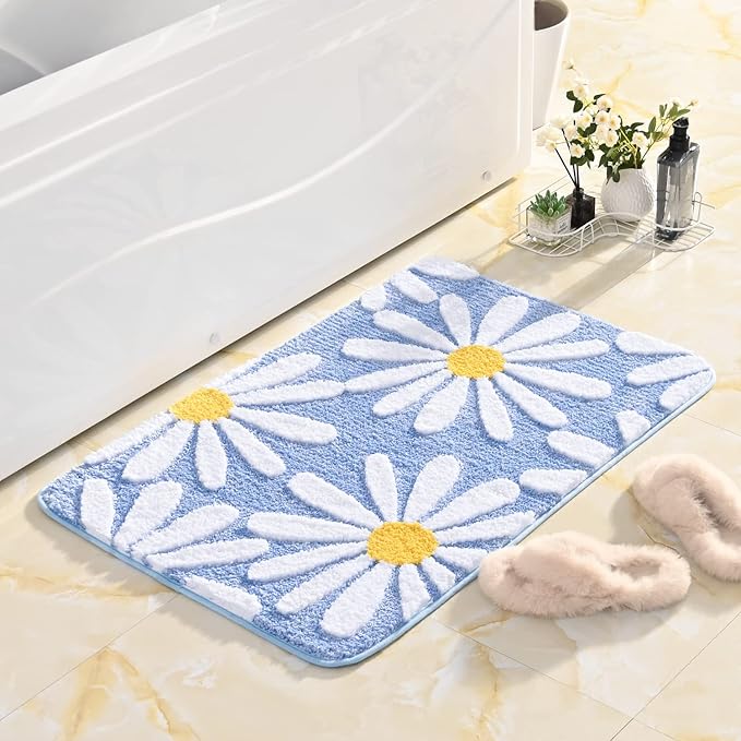 QJHOMO Blue Bathroom Rugs Cute Daisy Bath Mat White and Yellow Flower Decor Rug Non Slip Floor Carpet Microfiber Bathmat Super Absorbent Machine Washable Bathtub Mats for Shower (24x36 inch)
