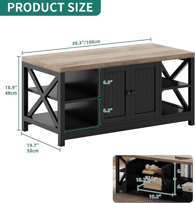 YITAHOME Coffee Table with Storage, Farmhouse Coffee Tables for Living Room, Rectangle Coffee Table 2 Tiers Shelf, CenterTable Space Saving Living Room Small Tables Easy Assembly, Brown and Black