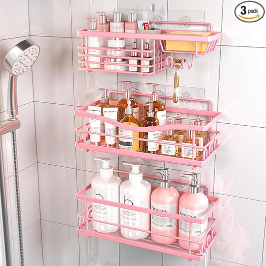 Adhesive Shower Caddy-Rustproof, No Drilling Pink Shower Shelves for Bathroom - Large Capacity with Soap Holder, Pink Bathroom Decor