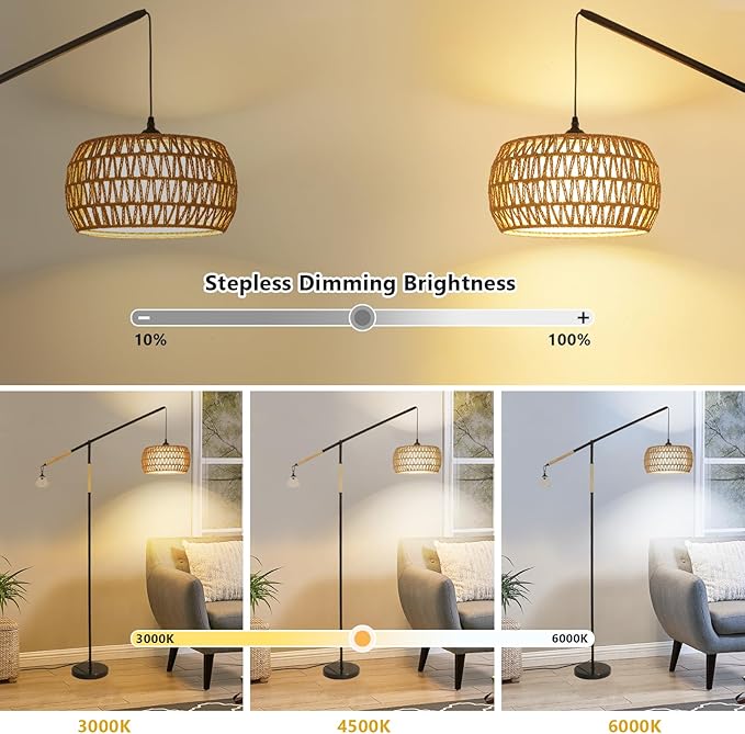 Arc Floor Lamps for Living Room, Rattan Floor Lamp with Remote, Boho Standing Lamp with Crystal Hanging Decor, Adjustable Arm Stand Up Lamp, Dimmable Tall Light for Bedroom Over Couch (Bulb Included)