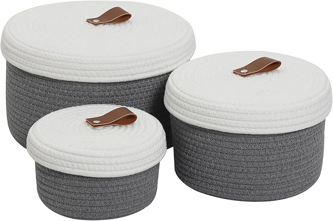 Cottonphant Set of 3 Stylish Round Woven Baskets with Lids - Elegant Storage Solution for Home Decor and Organization - Compact Shelf Baskets (Grey/White Lid, 10"x6"-8"x5"-6"x4")