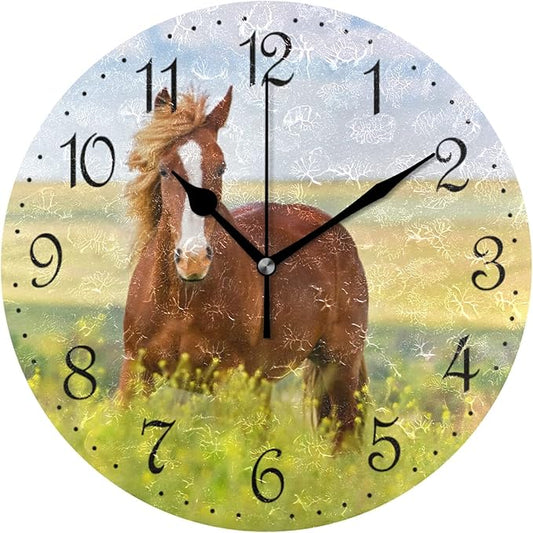 ALAZA Wall Clock Horse and Flower Field Silent Non-Ticking Decorative Wall Clocks Battery Operated 10 Inch for Home Living Room Kitchen Bathroom Bedroom