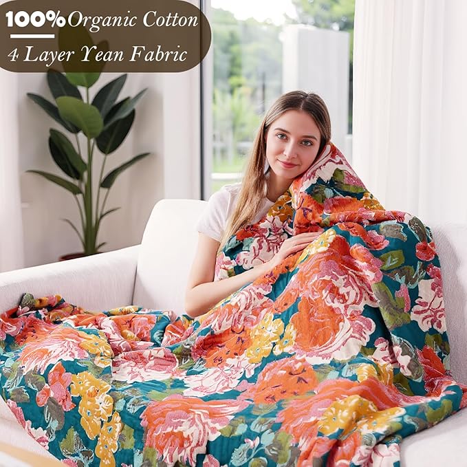 Boho Throw Blanket, 100% Organic Cotton Breathable Ultra Soft Bed Quilt Throw - All Season Floral Bird Butterfly Farmhouse Decor Blanket for Sofa Couch Chair and Gift. 80" x 90"