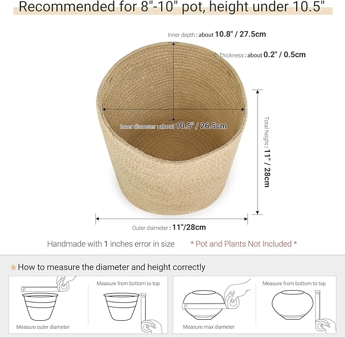 Dahey Jute Rope Plant Basket Modern Woven Storage Basket for 10" Indoor Planter, Decorative Flower Pots Cover Laundry Bin with Handle Rustic Home Decor, Beige