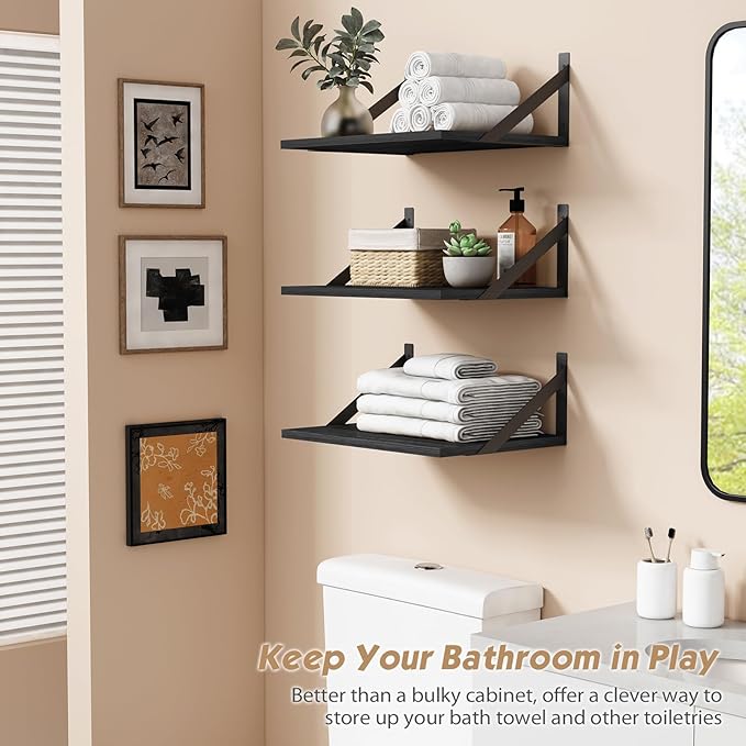 Forbena Deep Floating Shelves for Wall Set of 3, 12 Inch Deep Wall Shelves for Bedroom Office Bathroom Towels, Large Storage Shelves for Closet Clothes Living Room TV Kitchen Corner Legos Cats (Black)