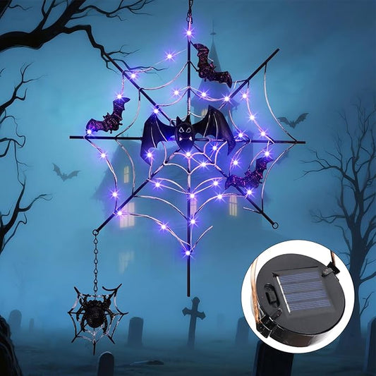 ILLUMINEW Solar Halloween Metal Hanging Decorations Outdoor, LED Lighted Metal Web with Spider for Halloween Outdoor Tree, Wall, Porch, Patio Decor (Web)