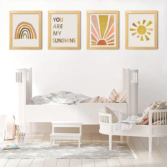 You Are My Sunshine Wall Decor for Girls Bedroom - Boho Framed Wall Art, 8'' x 10'' Set of 4, Rainbow Nursery Decor for Classroom, Playroom