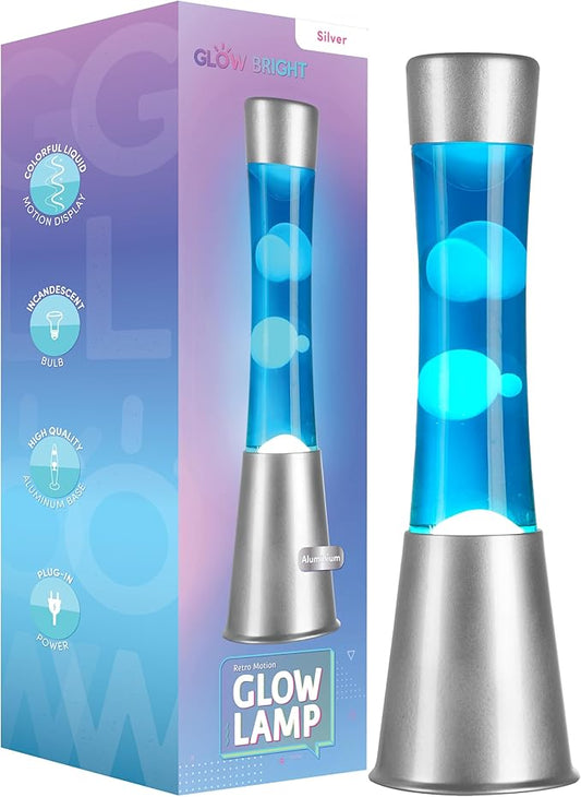 15.43" Cylinder Glow Lamp with Silver Base, Blue Liquid and White Wax, Novelty Lamp and Home Décor for Adults, Teens and Kids