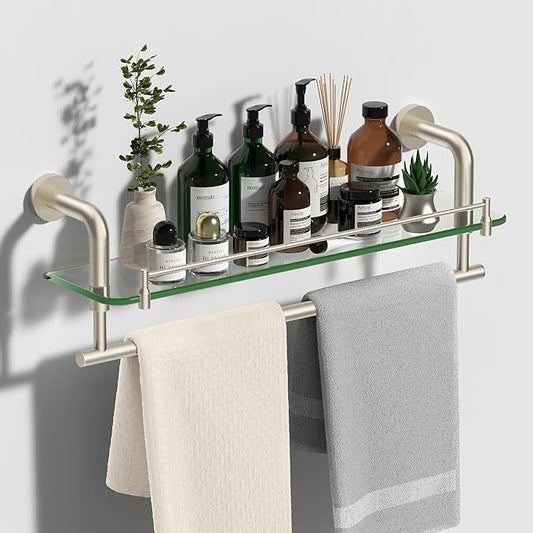 Glass Shelves for Bathroom with Towel Bar/Rack 20" Tempered Glass Shelves with Stainless Steel Towel Holder for Wall Shelf Sink Over Toilet (Brushed Nickel)