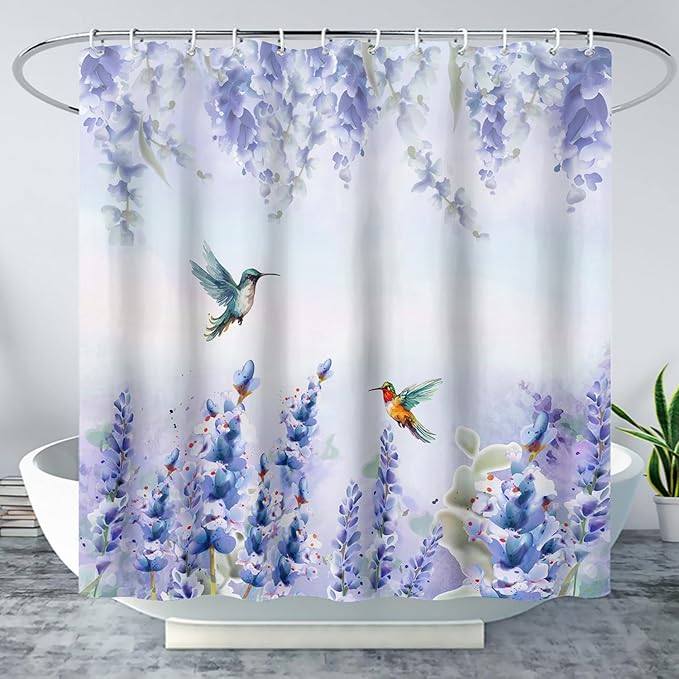 AILONEN Waterproof Floral Shower Curtain for Bathroom,Purple Blue Botanical Wisteria Lavender Flowers Shower Curtain,Watercolor Floral Decor Bathroom Polyester with Grommets and Hooks 72" W*96" H