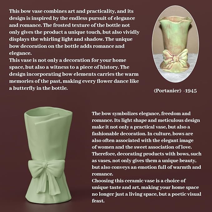 Green Ceramic Bow Vase 9.64 in Unique Cute Modern Decorative Bouquet Flower Vases for Home Living Room Table Decor Women Girl Gifts