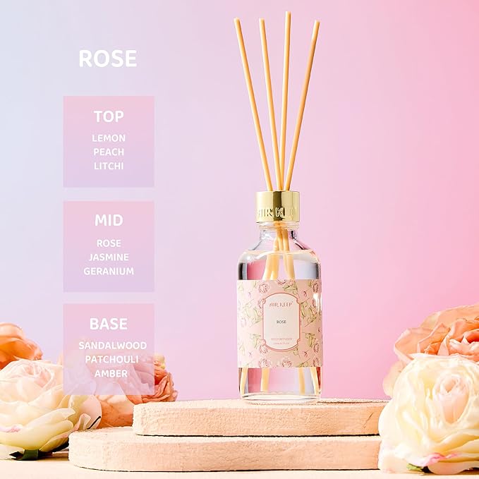 Airkeep Reed Diffuser Oil Set with Reed Sticks,Rose Aromatherapy Oil Scent Diffuser for Home Office Bathroom Decoration Perfume and Gifts 200ml/6.76 oz