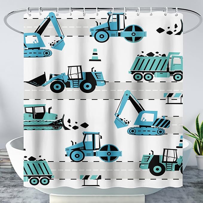 AILONEN Cartoon Kids Truck Shower Curtain,Waterproof Durable,Blue Forklift Truck Excavator Bath Curtain for Boys Girls,Construction Themed Bathroom Decor with 12 Plastic Hooks, 48" W x 72" H