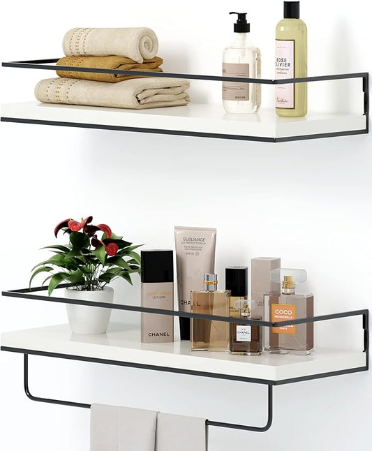 Shario White Floating Shelves - Set of 2, Wall Mounted Hanging Shelves with Black Towel Rack, Decorative Storage Shelves for Bathroom, Kitchen, Living Room & Bedroom (Modern White)