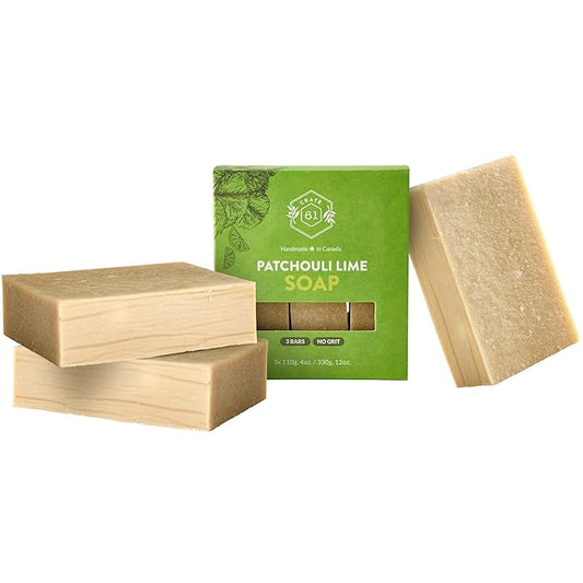 Handmade in Canada, Plant Based Cold Process Natural Bar Soap For Face And Body, With Premium Essential Oils, Eucalyptus & Peppermint For Men And Women 3 Pack (Patchouli Lime)