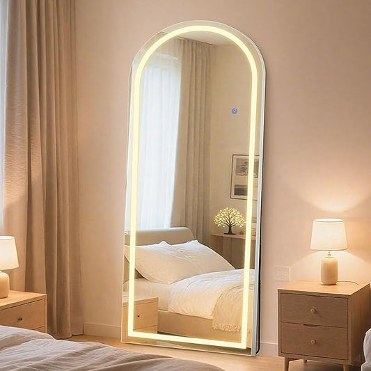 Sweetcrispy 71"x26" Arched Mirror Full Length with LED Lights and Stand, Lighted Full Body Wall Mounted Mirror for Bedroom, Living Room, White