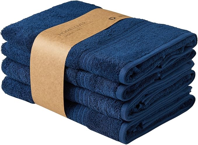 HOMELOVER 4 Piece Luxury Bath Towel Set - 100% Organic Cotton, 500 GSM, Hotel Quality, Highly Absorbent, Soft & Quick Drying Bathroom Towels for Showering, Washing & Guests (Deep Sea Blue)