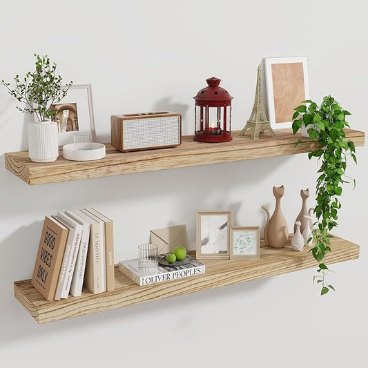 Wood Floating Shelves for Wall Set of 2, 36 Inch Wide Rustic Wooden Floating Shelves, Invisible Wall Mounted Display for Living Room Bedroom Kitchen Bathroom Office, Carbonized Black