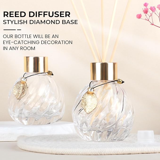 8Pcs Reed Diffuser Set with Metal Golden Decoration, 3.5oz-4.2oz Empty Bottles with 20Pcs Reed Sticks, Unique Design Bottles for Home and Office