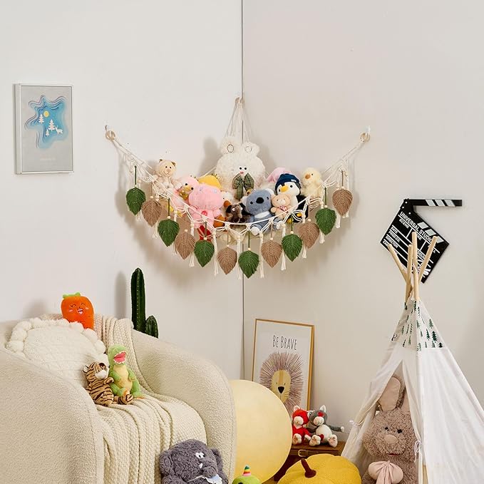 Pretty Jolly Macrame Leaf Wall Hanging Storage Hammock, 59" Boho Corner Organizer with Tassels, Stuffed Animal Plush Holder for Kids Room Nursery Decor (Avocado Green & Milk Coffee)