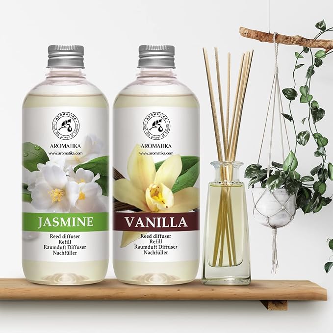 Reed Diffuser Refill Set Vanille & Jasmine with Jasmine Essential Oil 34 Fl Oz - 2 x 500ml - Fragrance Oil Reed Diffuser Refill - Room Freshener - Floral Fragrance