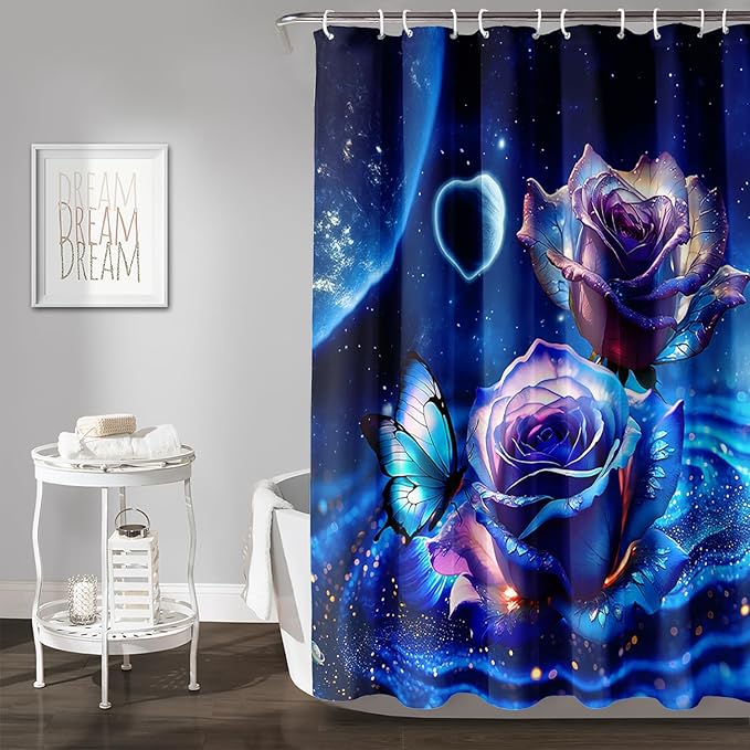 AILONEN Blue Rose Shower Curtain,Romantic Flower Bath Curtain for Girls Women,Blue Galaxy Starry Rose Floral Curtain for Bathroom Decor 72" W*96" H,Waterproof with 12 Plastic Hooks