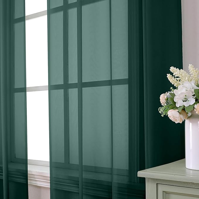Aiyufeng Hunter Green Sheer Curtain Drapes 90 Inch Length 2 Panels for Living Room, Light Filtering Voile Green Drapes for Bedroom, Patio, Sliding Door, Each 42" W x 90" L