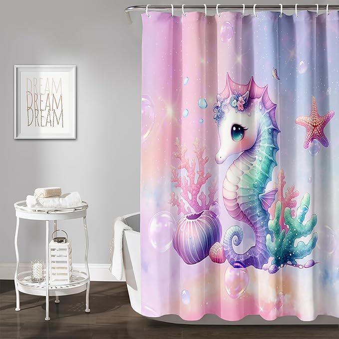 AILONEN Cute Seahorse Shower Curtain for Kids Girls,Rainbow Seahorse Bath Curtain,Ocean Coral Starfish Kawaii Shower Curtain Waterproof for Bathroom Decor with 12 Plastic Hooks, 36" W*72" H