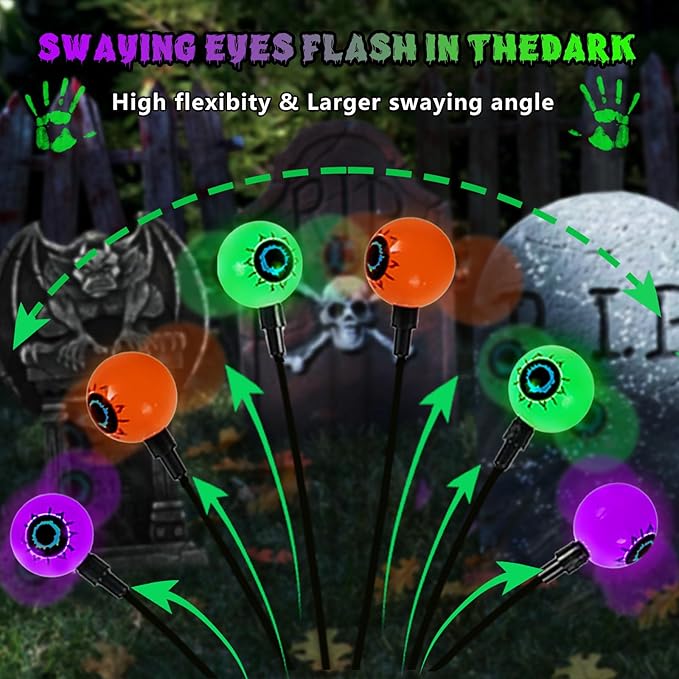 6Pack 36LED Orange,Purple and Green Solar Halloween Eyeball Lights Outdoor, Solar Garden Lights Outdoor Waterproof, Firefly Light Swaying by Wind with 2 Modes for Pathway Yard Halloween Decorations