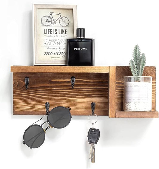 AKKO Wooden Key Holder for Wall Decorative Mail and Key Holder Organizer with 4 Key Hooks and “Z” Shape Wall Mount Floating Shelf,Rustic Home Decor for Wall, Entryway, Mudroom, Bathroom