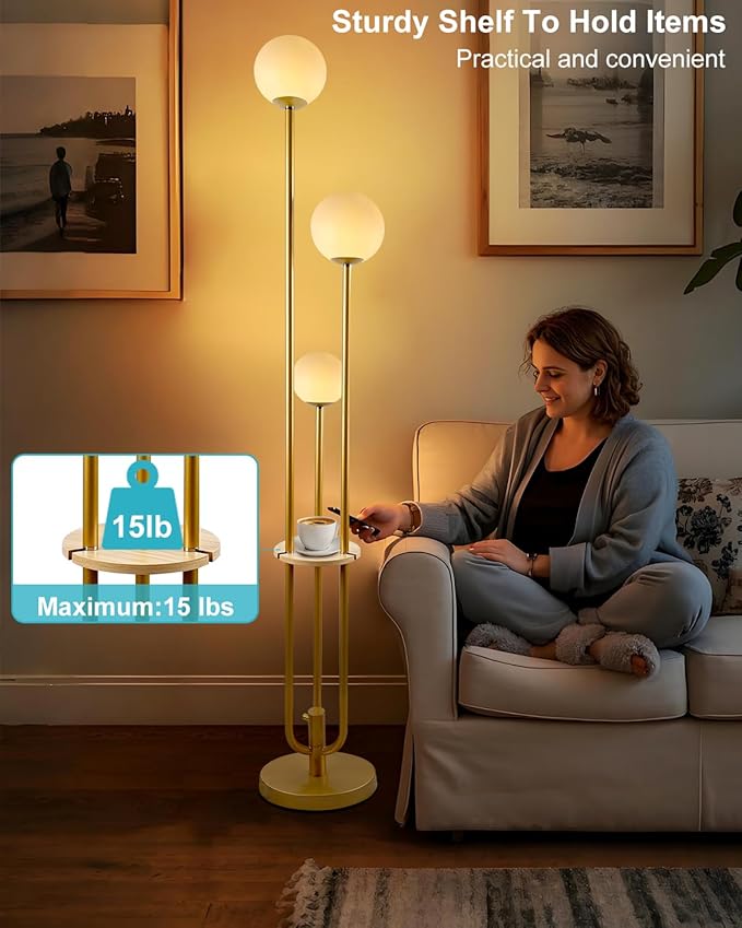 63IN Dimmable Floor Lamp with Shelf, Unique Globe Gold Tall Standing Lamps with 3 Poles, 3000K Warmwhite Mid Century Modern Floor Lamp for Living Room Home Office(Bulbs Included)