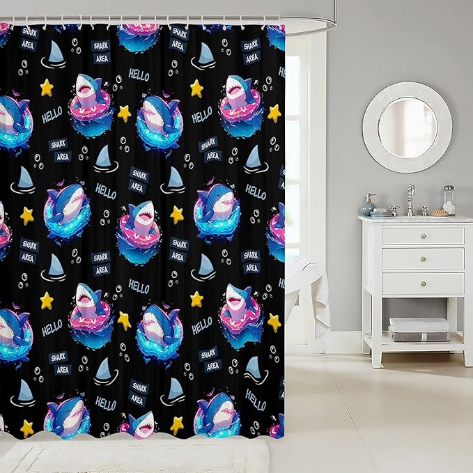 Feelyou Cute Shark Bathroom Waterproof Accessories with 12 Hooks Under Sea Animals Themed Fabric Shower Curtain for Kids Boys Girls Yellow Stars Shower Curtain Black and Blue Curtains,72X72 Inches